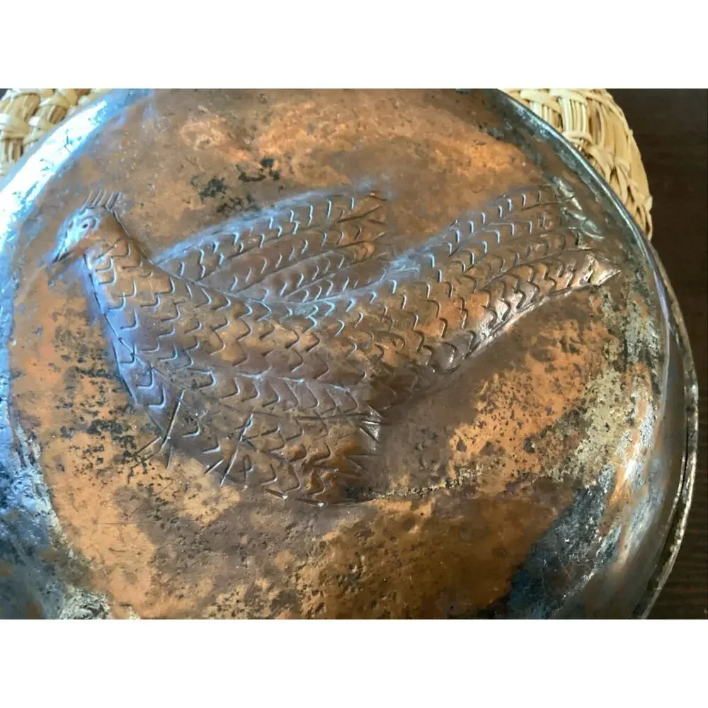 Antique hammered Tinned Copper brass handle primitive Bird Pan 9x 2